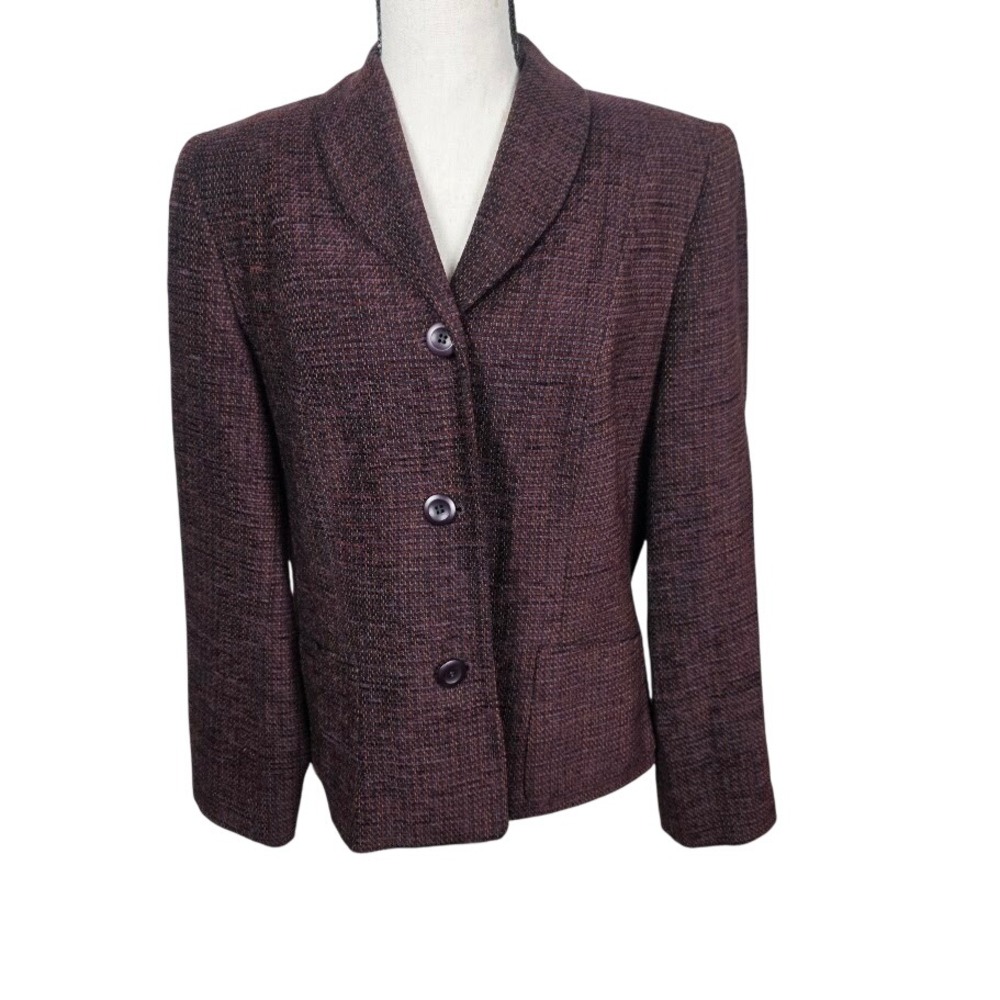 Talbots Blazer Women 12P Burgundy Wool Blend Chenille Shawl Collar Academic